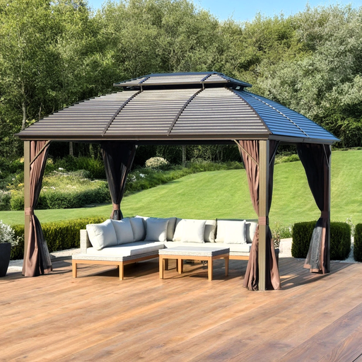 12 x 10 ft (3.65 x 3 m) Metal Hardtop Roof Gazebo with Aluminium Frame, Netting and Curtains - Brown - Outsunny - Green4Life
