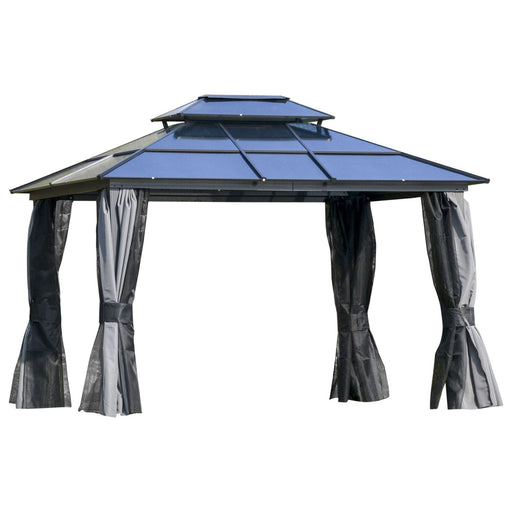 3.6 x 3(m) Polycarbonate Hardtop Gazebo with Double-Tier Roof and Aluminium Frame, Netting and Curtains - Black/Grey - Green4Life
