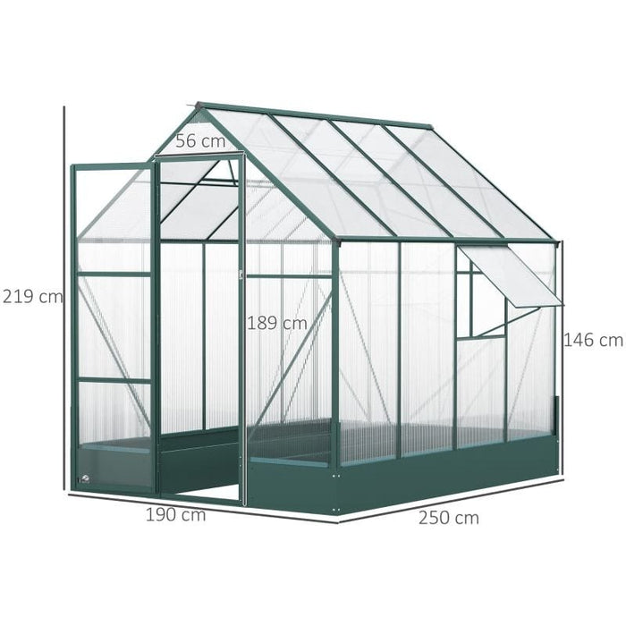 Outsunny 6 x 8ft Garden Walk-in Polycarbonate Greenhouse with Aluminium Frame & Plant Bed - Green - Green4Life