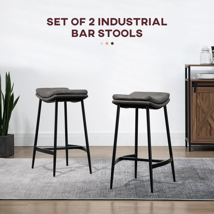 Set of 2 Industrial Style Microfibre Upholstered Barstools with Curved Seat and Steel Frame - Grey - Green4Life