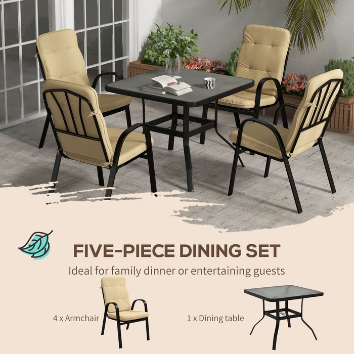 Contemporary 4-Seater Garden Dining Set with Tempered Glass Table and Cushioned Chairs - Beige - Outsunny - Green4Life