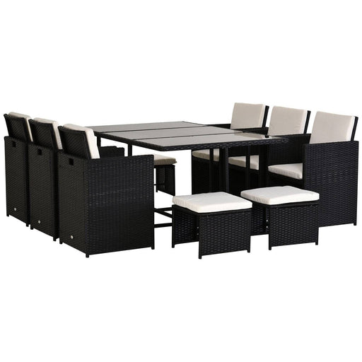 10 Seater Rattan Dining Set with 6 Chairs, 4 Stools and Glass Top Table - Black /White - Outsunny - Green4Life