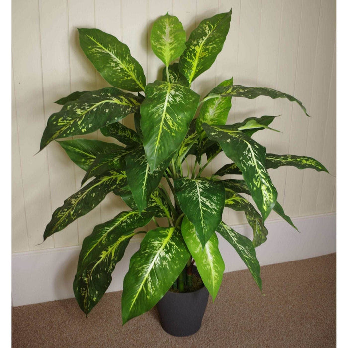 100cm Large Fox’s Aglaonema (Spotted Evergreen) Tree Artificial Plant with Silver Metal Planter - Green4Life