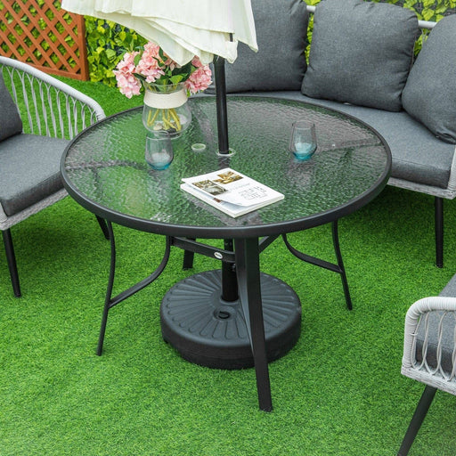 106cm Round Garden Dining Table with Parasol Hole ,Tempered Glass Top and Steel Frame in Black - Outsunny - Green4Life