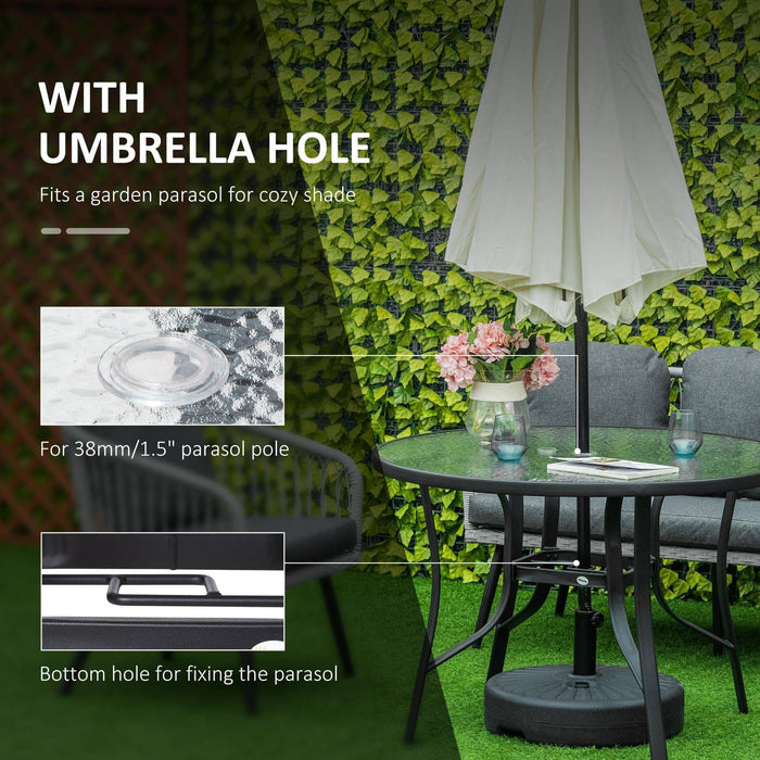 106cm Round Garden Dining Table with Parasol Hole ,Tempered Glass Top and Steel Frame in Black - Outsunny - Green4Life