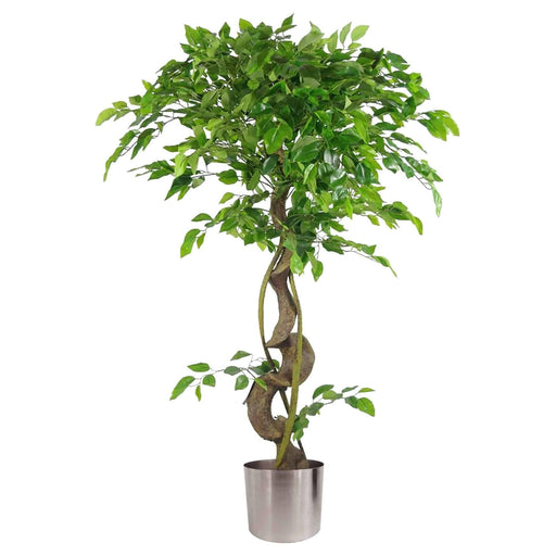 120cm Twisted Trunk Artificial Japanese Fruticosa Style Ficus Tree With Silver Metal Planter - Green4Life