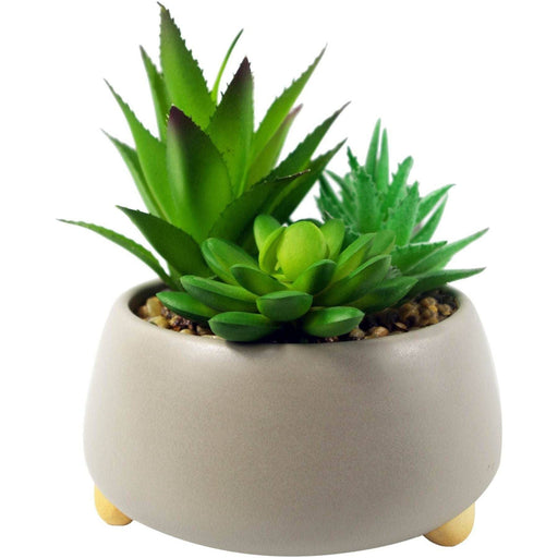 12cm Ceramic Pebble Grey Planter with Three Artificial Succulent Plants - Green4Life