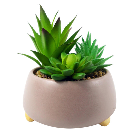 12cm Ceramic Pebble Pink Planter with Three Artificial Succulent Plants - Green4Life