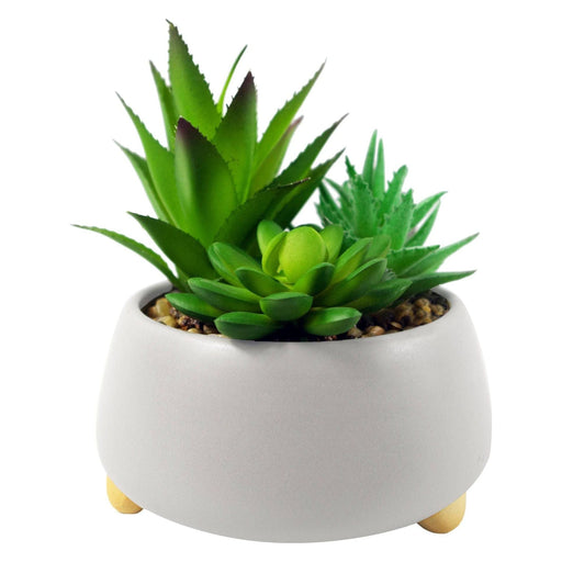 12cm Ceramic Pebble White Planter with Three Artificial Succulent Plants - Green4Life