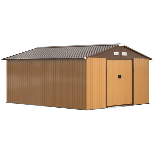 13 x 11 ft (330L x 372W x 200H cm) Metal Shed with Foundation and Ventilation Slots - Brown - Outsunny - Green4Life
