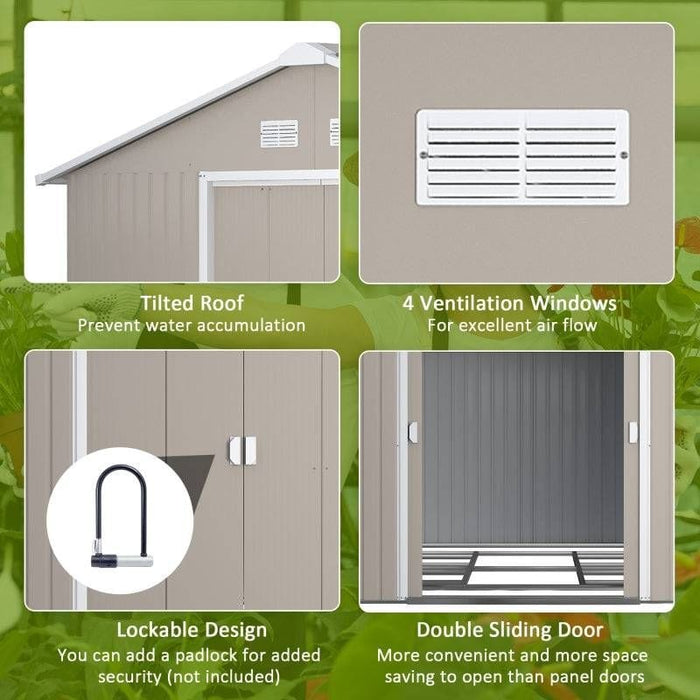 13 x 11 ft (340L x 386W cm) Garden Metal Storage Shed with Foundation, Ventilation & Sliding Doors - Light Grey - Outsunny - Green4Life