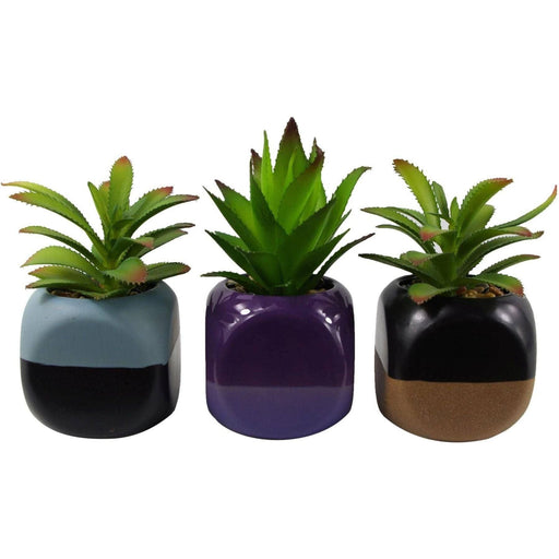 13cm Set of Three Mini Ceramic Cube Planters with Artificial Succulent Plants - Green4Life