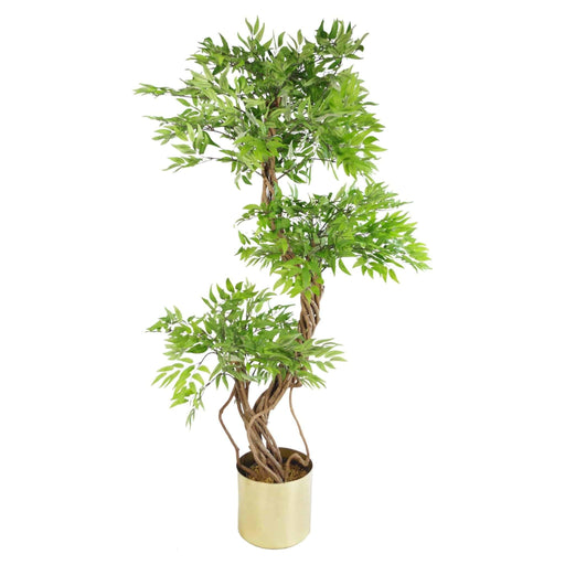 140cm Japanese Fruticosa Ficus Artificial Tree With Gold Metal Brushed Brass Planter - Green4Life