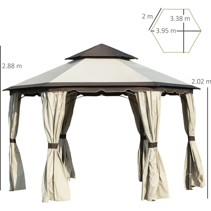 Outsunny 3.4m Classic Beige Steel Gazebo with Tiered Roof and Curtains - Green4Life