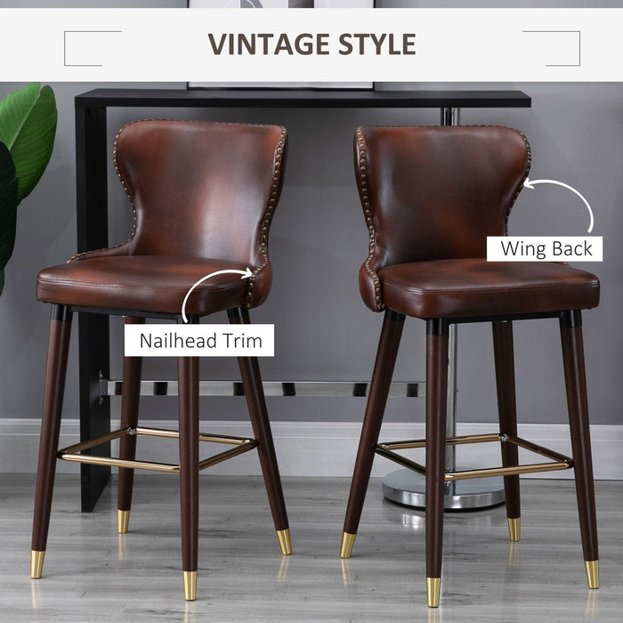 Set of 2 Luxury European Style PU Leather Bar Chairs - Brown - Green4Life