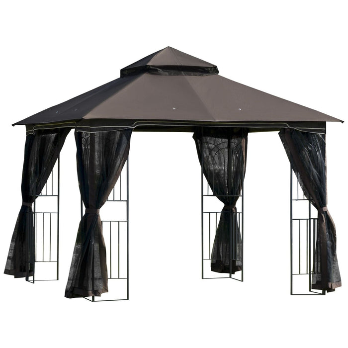 Outsunny 3x3m Coffee Brown Garden Gazebo with Double Tier Roof and Mesh Curtains - Green4Life