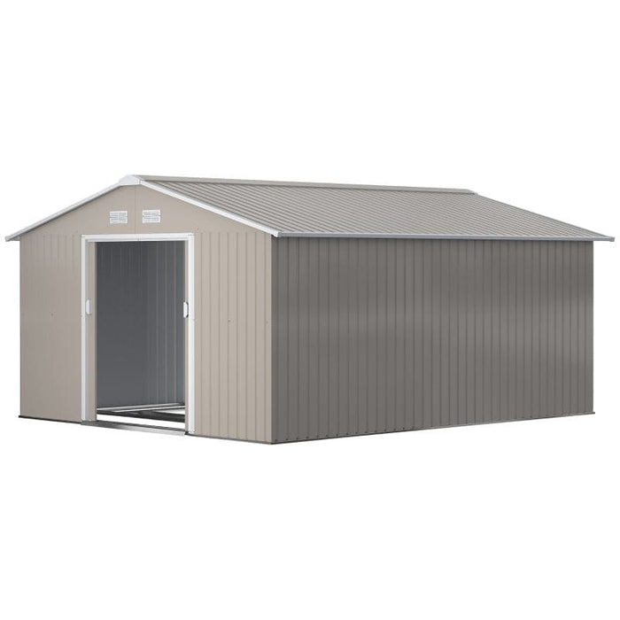 Outsunny 13 x 11FT Garden Metal Storage Shed with Foundation, Ventilation & Sliding Doors - Light Grey - Green4Life
