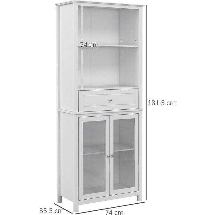 Kitchen Cabinet with Tempered Glass Doors, Drawer & Adjustable Shelves 74W x 35.5D x 181.5Hcm - White - Green4Life