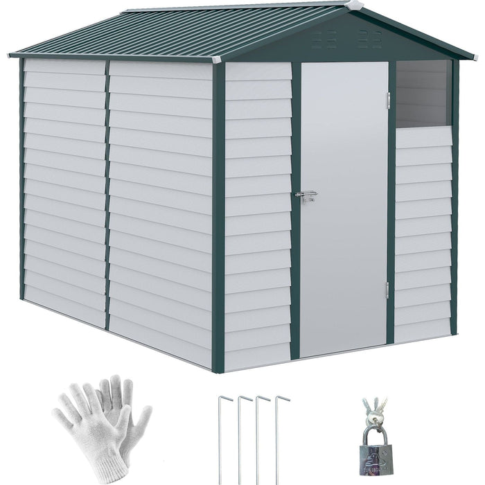 Outsunny 9FT x 6FT Galvanizsed Metal Garden Shed with Sloped Roof, Lockable Door - White/Green - Green4Life