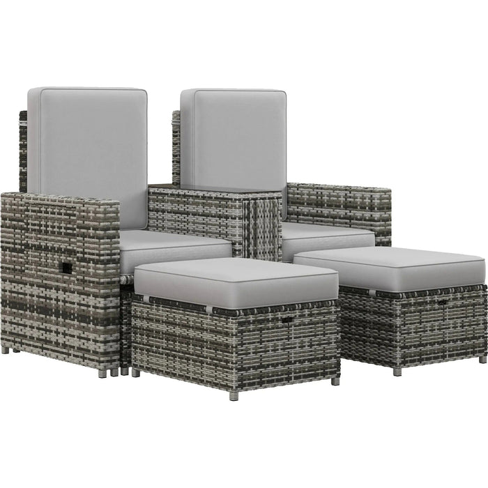 Outsunny 5-Piece Recliner PE Rattan Sun Lounger Set with Storage Side Table, and Footstools for Patio and Garden - Grey - Green4Life