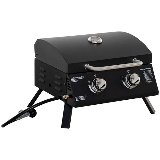 2 Burner Portable Tabletop Gas BBQ Grill with Folding Legs, Lid and Thermometer - Carbon Steel Body, Black - Outsunny - Green4Life