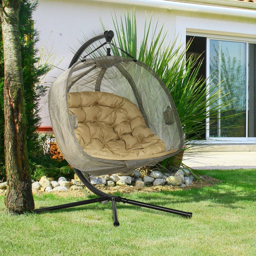 2-Seater Hanging Egg Chair with Stand, Cushion and Folding Design - Brown - Outsunny - Green4Life