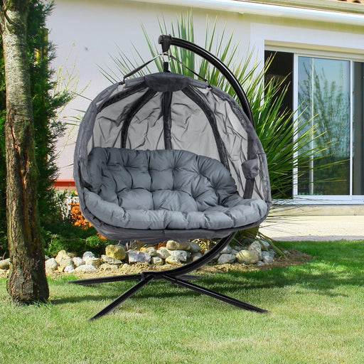 2-Seater Hanging Egg Chair with Stand, Cushion and Folding Design - Grey - Outsunny - Green4Life