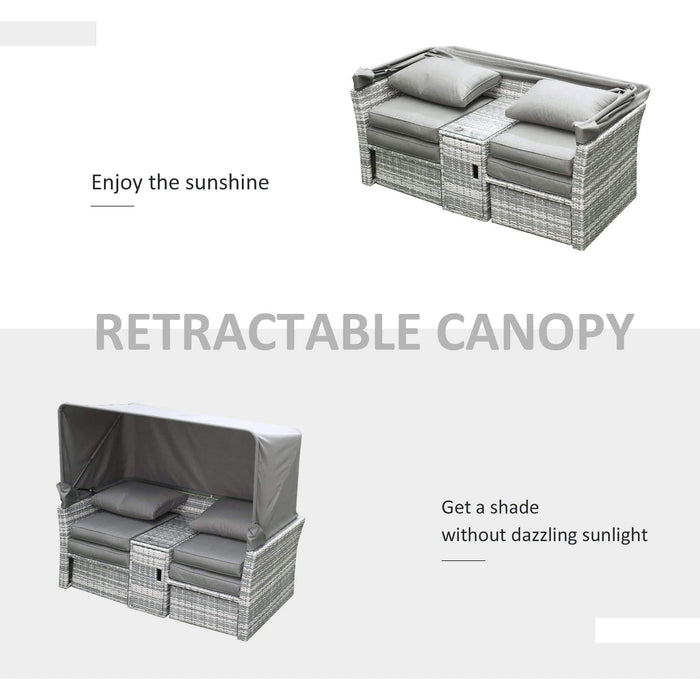 2-Seater Outdoor Rattan Daybed Sofa Set with Canopy - Grey - Outsunny - Green4Life