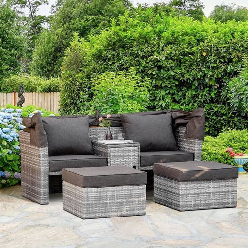 2-Seater Outdoor Rattan Daybed Sofa Set with Canopy - Grey - Outsunny - Green4Life