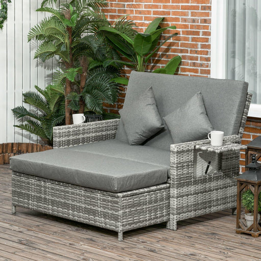 2 Seater Outdoor Rattan Sofa Sun Lounger with Adjustable Back - Grey - Outsunny - Green4Life