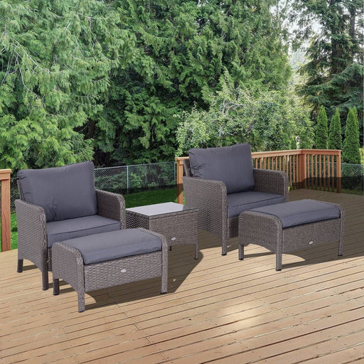 2 Seater PE Rattan Garden Furniture Set with 2 Armchairs, 2 Stools and Glass Top Table - Grey - Outsunny - Green4Life