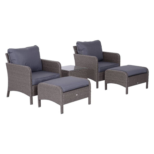 2 Seater PE Rattan Garden Furniture Set with 2 Armchairs, 2 Stools and Glass Top Table - Grey - Outsunny - Green4Life