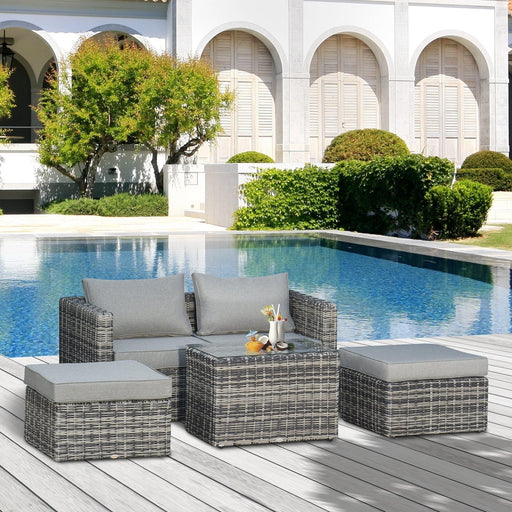 2 Seater Rattan Garden Furniture Lounge Set with Tall Glass-Top Table - Mixed Grey - Outsunny - Green4Life