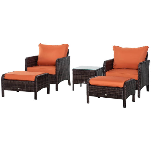 2 Seater Rattan Set with 2 Armchairs, 2 Stools and Glass Top Table - Brown/Orange - Outsunny - Green4Life