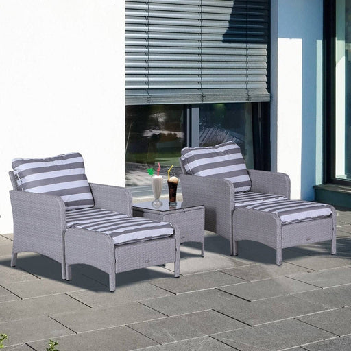 2 Seater Rattan Set with 2 Armchairs, 2 Stools and Glass Top Table - Light Grey - Outsunny - Green4Life