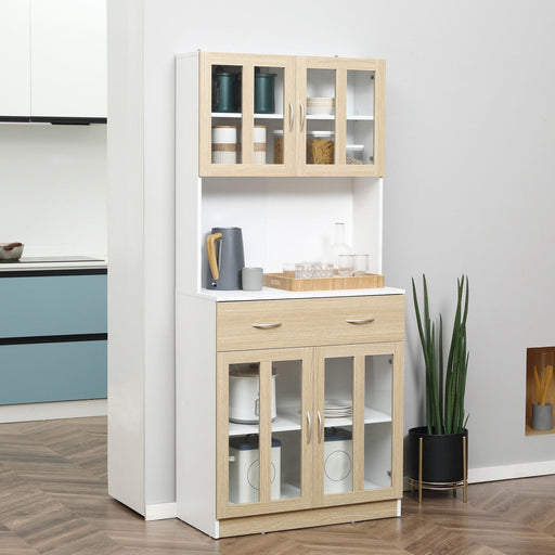 Modern Kitchen Cupboard with Central Drawer, 2 Glass Door Compartments and Countertop 80W x 40D x 180Hcm - White/Natural - Green4Life
