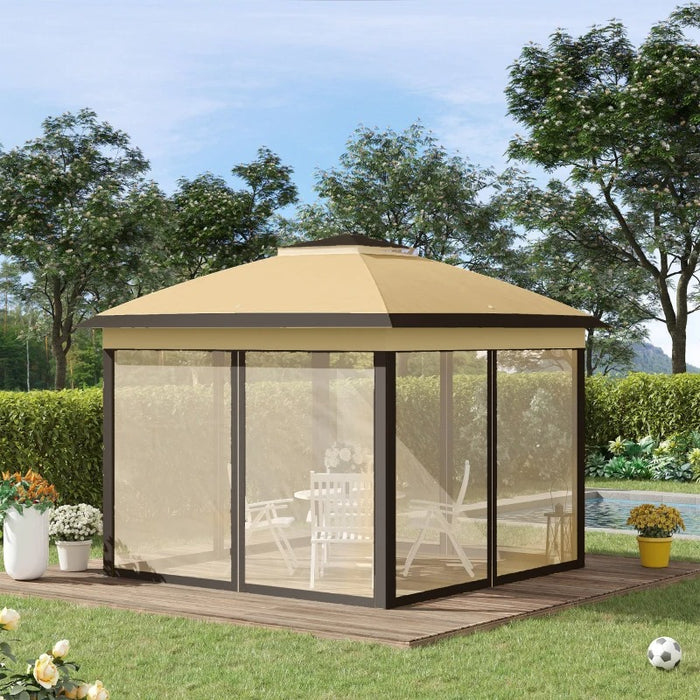 11 x 11 ft (3.35 x 3.35m) Adjustable Double-Roof Gazebo with Mesh Sidewalls - Beige - Outsunny