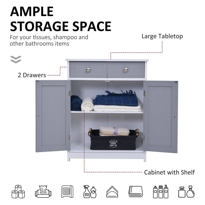 kleankin Bathroom Storage Cabinet Unit with 2 Drawers and Adjustable Shelves 75x60cm - Grey and White - Green4Life