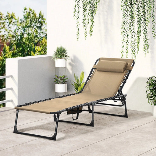 Sandy Beige Folding Sun Lounger - Adjustable Recliner with Pillow - Outsunny - Green4Life