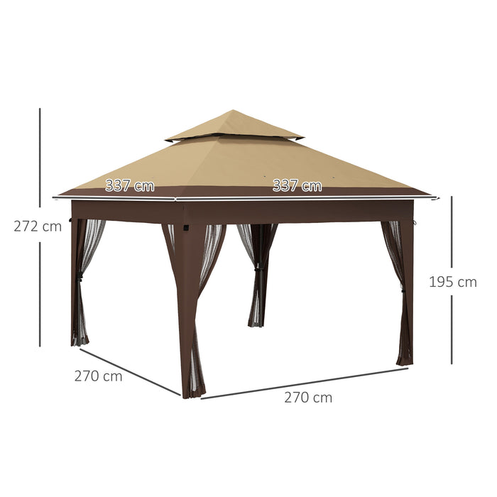 10 x 10 ft (3 x 3m) Gazebo with Protective Mosquito Netting - with Carry Bag and Sandbags - Khaki - Outsunny