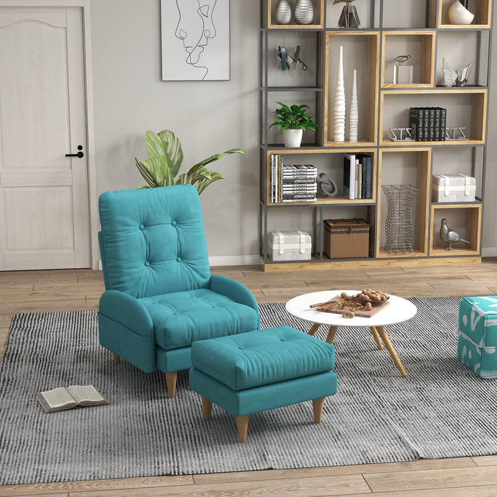 Upholstered Button Tufted Accent Armchair & Footstool Set with Wooden Legs and Side Pockets - Teal - Green4Life