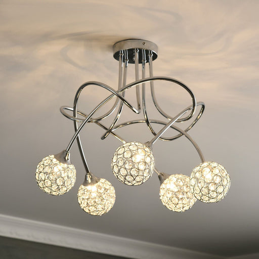 Contemporary Crystal Chandelier with 5 Ball Lampshades - Silver - Green4Life