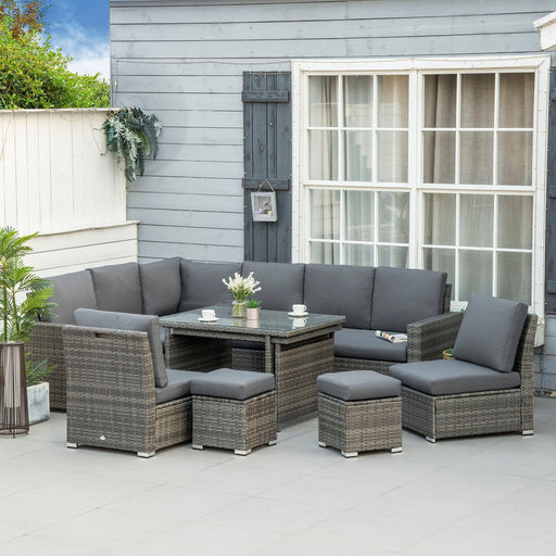 7-Piece 10-Seat Rattan Set - Expansive Grey Sofa Sectional with Cushions, Footstools, and Extendable Glass Table - Outsunny - Green4Life