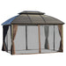 12 x 10 ft (3.65 x 3 m) Metal Hardtop Roof Gazebo with Aluminium Frame, Netting and Curtains - Brown - Outsunny - Green4Life