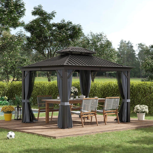 3.7 x 3(m) Outdoor Hardtop Gazebo with 2-Tier Roof & Mesh Netting Sidewalls - Grey - Outsunny - Green4Life