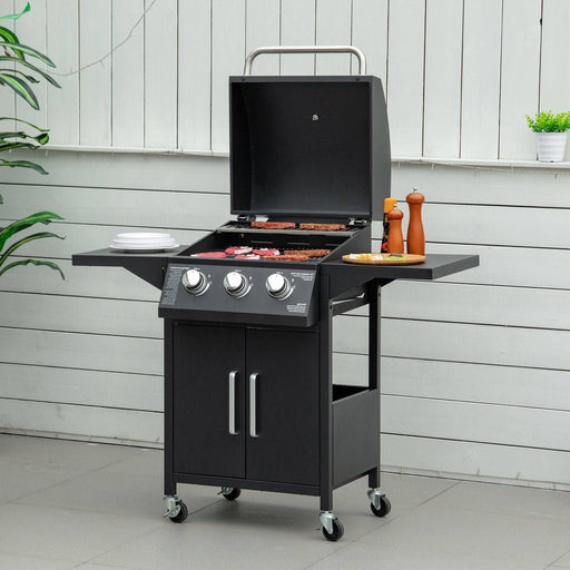 3 Burner Gas BBQ Grill Trolley with Warming Rack, Side Shelves and Storage Cabinet - Black/Carbon Steel - Outsunny - Green4Life