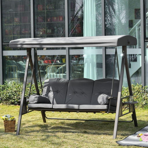3 Seater Garden Swing Chair with Adjustable Canopy, Cushions and Cup Trays - Grey - Outsunny - Green4Life