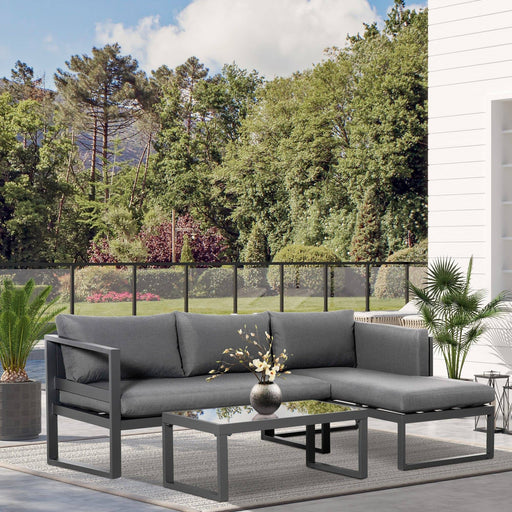 3-Seater L-shape Garden Corner Sofa Set with Padded Cushions and Glass Coffee Table - Grey - Outsunny - Green4Life
