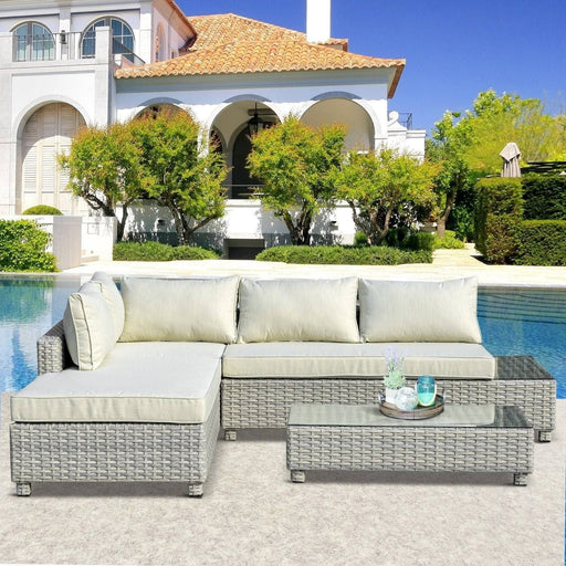 3 Seater Outdoor PE Rattan Sofa Set with 4-Level Adjustable Backrest Chaise Lounge - Grey - Outsunny - Green4Life