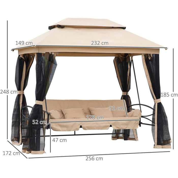 3 Seater Swing Chair 3-in-1 Convertible Gazebo with Double Tier Canopy, Cushioned Seat and Mesh Sidewalls - Beige - Outsunny - Green4Life